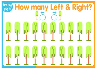 Çocuk eğitim oyunu, görevler. Sağ tarafa kaç tane ve sol tarafa kaç tane element yerleştirileceğini sayın. ağaç