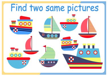  İki benzer resim bul çocuklar vektör illüstrasyonunu çözer. Karşılaştırmalı nesneler ve özdeş iki nesne bulan anaokulu çocukları için etkinlik.