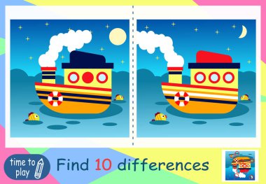Çocukların eğitici oyunu. Mantık oyunu. Boyama kitabı. Aradaki farkı bul. Gemi. tekne