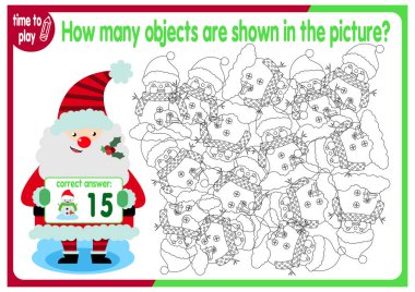 Resimde kaç nesnenin saklı olduğunu say. Çocuklar için eğitici bir oyun. Renkli çizgi film karakterleri. Komik vektör çizimi. Yeni yıl. Noel