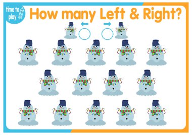 Çocuk eğitim oyunu, görevler. Sağ tarafa kaç tane ve sol tarafa kaç tane element yerleştirileceğini sayın. Yeni yıl. Noel