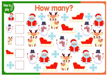 Noel sayma oyunu. Anaokulu öğrencileri için kış matematik dersi. Kaç Nesne Çalışma Tablosu. Komik resimli eğitici bir bilmece. Yeni yıl. Noel