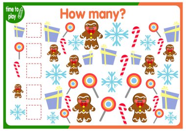 Noel sayma oyunu. Anaokulu öğrencileri için kış matematik dersi. Kaç Nesne Çalışma Tablosu. Komik resimli eğitici bir bilmece. Yeni yıl. Noel