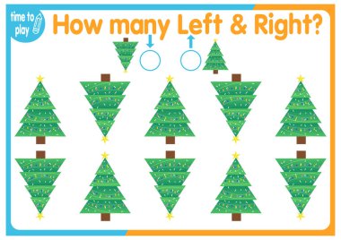 Çocuk eğitim oyunu, görevler. Sağ tarafa kaç tane ve sol tarafa kaç tane element yerleştirileceğini sayın. Yeni yıl. Noel