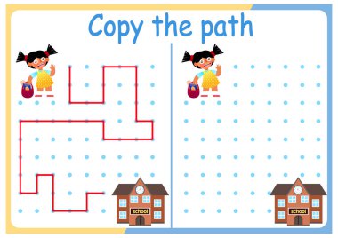Çocuklar için aktiviteler. Yolu kopyala. Çocuklar için mantık oyunları. Vektör çizimi. Kitap kare şeklinde. Çocuklar, okul insanları.