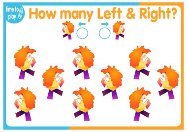 Çocuk eğitim oyunu, görevler. Sağ tarafa kaç tane ve sol tarafa kaç tane element yerleştirileceğini sayın. Çocuklar, okul