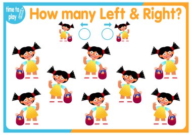 Çocuk eğitim oyunu, görevler. Sağ tarafa kaç tane ve sol tarafa kaç tane element yerleştirileceğini sayın. Çocuklar, okul