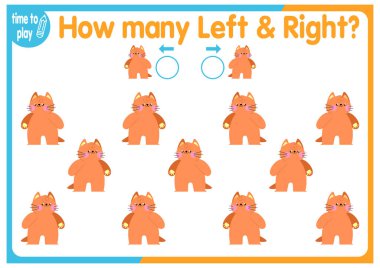 Çocuk eğitim oyunu, görevler. Sağ tarafa kaç tane ve sol tarafa kaç tane element yerleştirileceğini sayın. Kedi. hayvan.