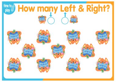 Çocuk eğitim oyunu, görevler. Sağ tarafa kaç tane ve sol tarafa kaç tane element yerleştirileceğini sayın. Kedi. hayvan.