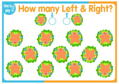 Çocuk eğitim oyunu, görevler. Sağ tarafa kaç tane ve sol tarafa kaç tane element yerleştirileceğini sayın. Kedi. hayvan.