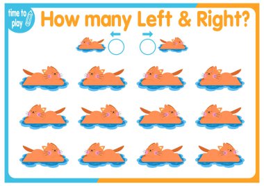 Çocuk eğitim oyunu, görevler. Sağ tarafa kaç tane ve sol tarafa kaç tane element yerleştirileceğini sayın. Kedi. hayvan.