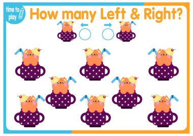 Çocuk eğitim oyunu, görevler. Sağ tarafa kaç tane ve sol tarafa kaç tane element yerleştirileceğini sayın. Kedi. hayvan.