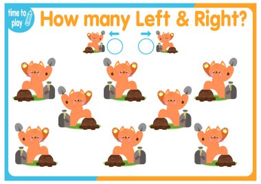 Çocuk eğitim oyunu, görevler. Sağ tarafa kaç tane ve sol tarafa kaç tane element yerleştirileceğini sayın. Kedi. hayvan.