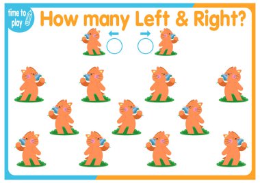 Çocuk eğitim oyunu, görevler. Sağ tarafa kaç tane ve sol tarafa kaç tane element yerleştirileceğini sayın. Kedi. hayvan.