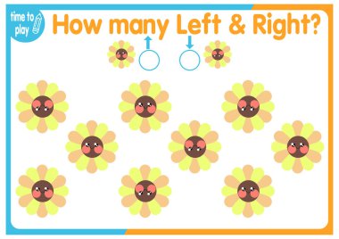 Çocuk eğitim oyunu, görevler. Sağ tarafa kaç tane ve sol tarafa kaç tane element yerleştirileceğini sayın. Kedi. hayvan.