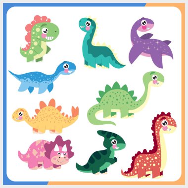 Şirin renkli dinozor seti. Eski dünya seti. Farklı doğadaki dinazorların parlak renkleri. Dinozor vektör grafikleri.