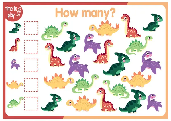 Çocuklar için etkinlikler. Kaç tane? Dinozorların sayısını say. Vektör illüstrasyonları.