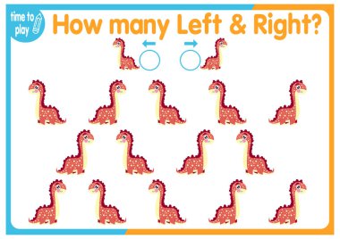  Çocuk eğitim oyunu, görevler. Sağa ve sola kaç tane element yerleştirileceğini sayın. - Dinozorlar.