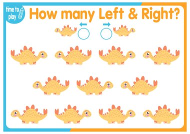  Çocuk eğitim oyunu, görevler. Sağa ve sola kaç tane element yerleştirileceğini sayın. - Dinozorlar.