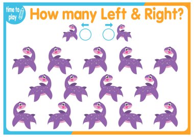  Çocuk eğitim oyunu, görevler. Sağa ve sola kaç tane element yerleştirileceğini sayın. - Dinozorlar.