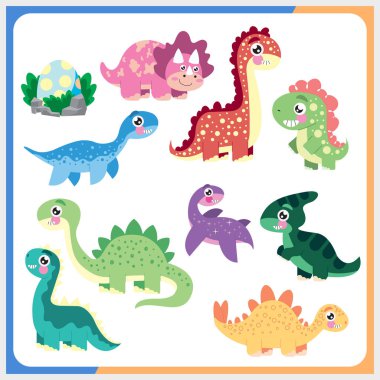 Şirin renkli dinozor seti. Eski dünya seti. Farklı doğadaki dinazorların parlak renkleri. Dinozor vektör grafikleri.