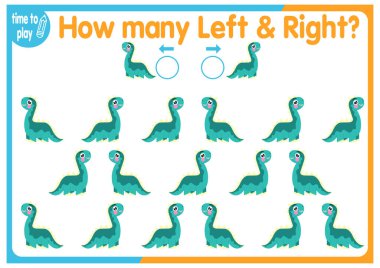  Çocuk eğitim oyunu, görevler. Sağa ve sola kaç tane element yerleştirileceğini sayın. - Dinozorlar.