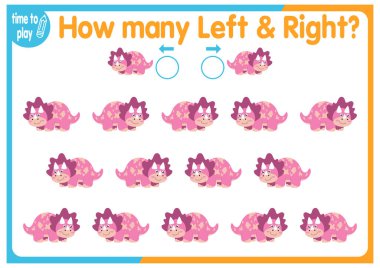 Çocuk eğitim oyunu, görevler. Sağa ve sola kaç tane element yerleştirileceğini sayın. - Dinozorlar.