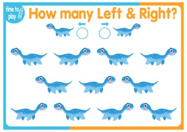 Çocuk eğitim oyunu, görevler. Sağa ve sola kaç tane element yerleştirileceğini sayın. - Dinozorlar.