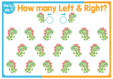 Çocuk eğitim oyunu, görevler. Sağa ve sola kaç tane element yerleştirileceğini sayın. - Dinozorlar.