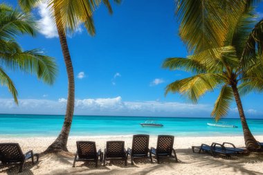 Beyaz kumlu, hindistan cevizi palmiyeli, deniz mavisi gökyüzü, dış dünya seyahati, yaz tatili konsepti, doğal duvar kâğıdı. Karayipler, Saona Adası, Dominik Cumhuriyeti