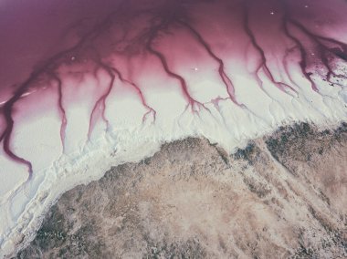 Amazing forms of land surface with water and salt, nature abstract background, aerial view of pink extremely salty Syvash Lake also known as Putrid or Rotten Sea. Landscape of Ukraine, Kherson Region