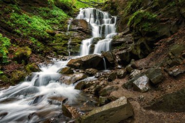Carpathian Dağları 'ndaki Shypit şelalesinin manzarası, düşen su ve taşlarla doğa manzarası, dış seyahat arka planı.