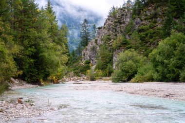 Slovenya, Kranjska Gora 'daki Triglav Ulusal Parkı' ndaki Pisnica vadisi. Ormanlık uçurumlar ve sisli Alp dağlarıyla çevrili nehir manzaralı bir yer.