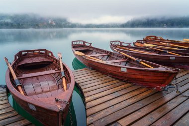 Slovenya 'nın en ünlü alp gölü (Blejsko jezero) yoğun siste, inanılmaz sisli arazisinde. Ahşap zevk tekneleriyle gölün manzarası ve kilise ile ada, dış seyahat geçmişi.