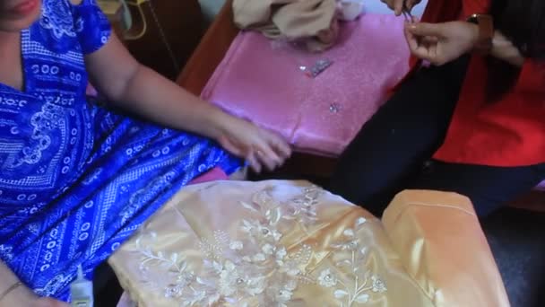 Hand Woman Event Dress Party Manually Fixing Beads — Stock Video