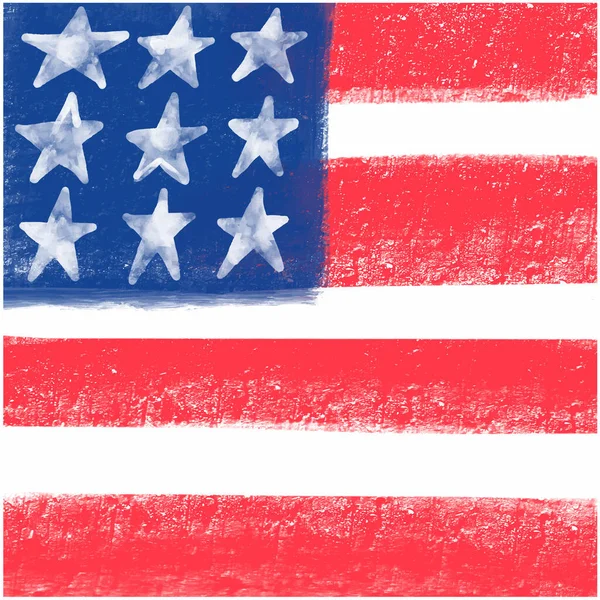 Flag of USA children artistic drawing with pastel paint. Red blue stars background template for American holidays. Veterans day, Labor day, 4th of July
