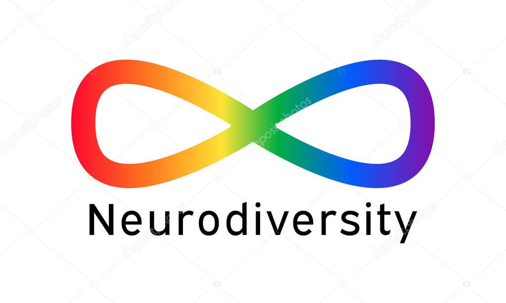 Neurodiversity symbol icon - vector rainbow gradient infinity sign. Text Neurodiversity - clip art for poster, banner, greeting card design.
