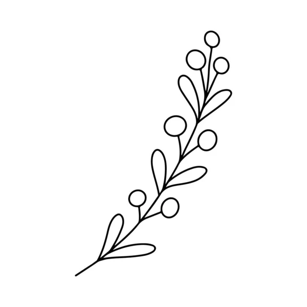 Handgezeichneter Minimalistischer Zweig Mit Blättern Und Beeren Schwarze Konturlinien Umreißen — Stockvektor