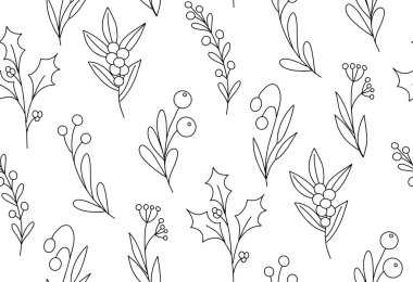 Şirin, siyah beyaz, çiçeksiz, minimalist bir geçmişi var. Böğürtlenli ve yapraklı el çizimi basit bir sanat dalı. Siyah sınır çizgisi vektör kışı