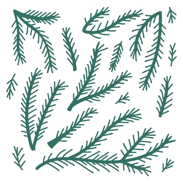 Einfaches Handgezeichnetes Tannenzweig Weihnachts Blumenkritzelset Kindliche Zeichnung Des Weihnachtsbaums Vektorsammlung — Stockvektor