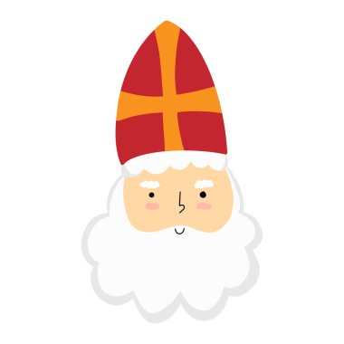 Aziz Nicholas ya da Sinterklaas şirin karalama portresi. Beyaz arka planda izole edilmiş şapkalı Aziz Nick kafasının vektör çizimi. Çocuklar Noel karakteri yaşlı piskopos.