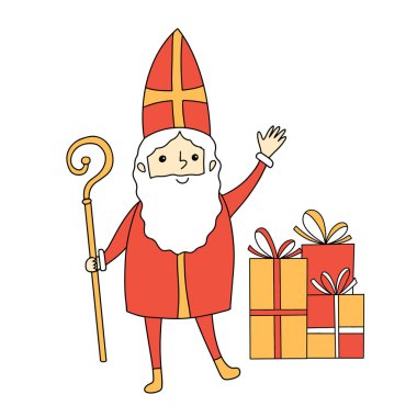 Aziz Nicholas çizgi film karakteri Sinterklaas 'ı sunar. Hediye kutuları, beyaz arka planda izole edilmiş vektör çizimleri. Aziz Nick 'in sınır çizgisi