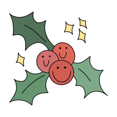 Modern moda modası geçmiş Noel klibi sanatı. Gülen böğürtlenli Holly Berry ökseotu dalı. tsirt desenli tebrik kartı, davetiye, poster tasarımı ögesi