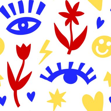 Seamless pattern with hand drawn doodle paper cut elements - flowers, eyes, star, hearts, funny face, arrow. Matisse inspired retro cutout vector background. clipart