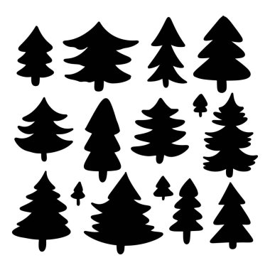 Farklı noel ağacı siluetleri. Kış tatili Noel 'i, yeni yıl tasarım unsuru. Vektör illüstrasyonu.