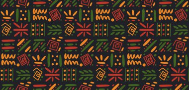 African clash ethnic tribal seamless pattern background. Vector red, yellow, green symbols, square repeat lines backdrop for Black History Month, Juneteenth, Kwanzaa print, banner, wallpaper