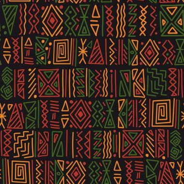 Afrika etnik kabile çatışması süslemesiz model geçmişi. Basit el çizimi sembolleri geleneksel Afrika renklerinde - siyah, kırmızı, sarı, yeşil. Kwanzaa dekoratif baskı.