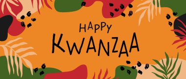 Mutlu Kwanzaa soyut parlak renkli yatay afiş tasarımları rastgele organik şekiller, palmiye yaprakları. Kwanzaa Afro-Amerikan Kutlaması için ABD 'de vektör şablonu,