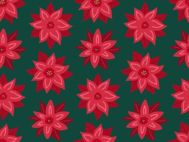 Noinsettia Noel Yıldızı kırmızı çiçekli, pürüzsüz desenli arka plan. Basit el çizimi düz karalama. Şenlikli kış çiçeği arkaplanı, baskı, doku, duvar kağıdı