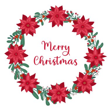 Noel meyveli ökseotu çiçekli, noktalı şirin bir çelenk. Noel yıldızı, düz çizilmiş bir kış çiçeği. Geleneksel bayram tebrik kartı defne ile Mutlu Noeller